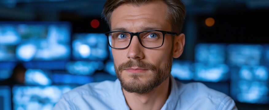 The security manager vigilantly surveys CCTV screens like a hawk in a tech-lit sanctuary