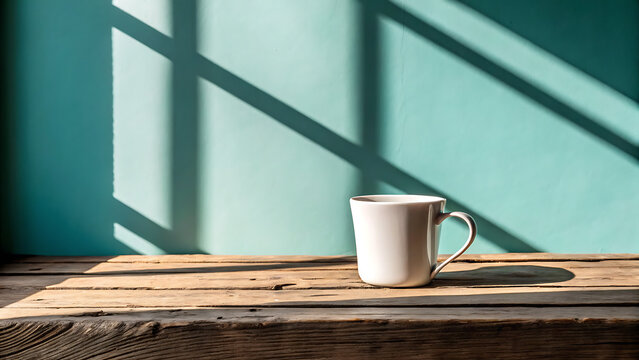 A white ceramic coffee mug sits on a rustic wooden table against a teal wall with window frame shadows casting diagonal lines across the surface