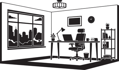 Fototapeta premium Black and white silhouette of modern office with desk and city view