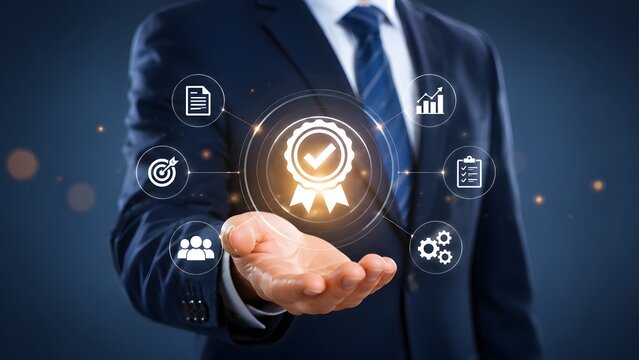 Businessman hand holding glowing quality assurance badge with business icons representing standard certification and corporate compliance