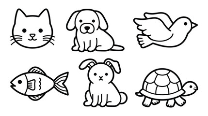Obraz premium Cute pet animals icon set cat dog bird fish rabbit turtle