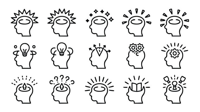 Collection of creative thinking icons with human heads and symbols representing ideas and inspiration