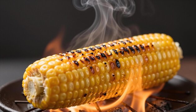 Grilled charred corn on the cob over an open flame, steaming and golden with visible char marks and smoky appeal