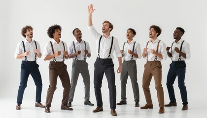 Obraz premium Seven men in suspenders and dress shirts singing together in a bright studio, one raising his hand in a joyful group performance