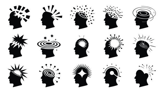 Collection of black silhouette heads with creative and chaotic thoughts exploding from their minds