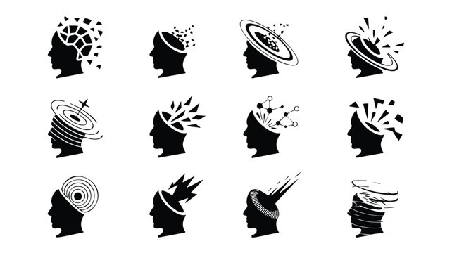 Black silhouettes of human heads with creative and chaotic thoughts and ideas exploding
