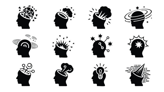 Collection of creative thinking and mental states illustrated through silhouette heads with various symbols and icons