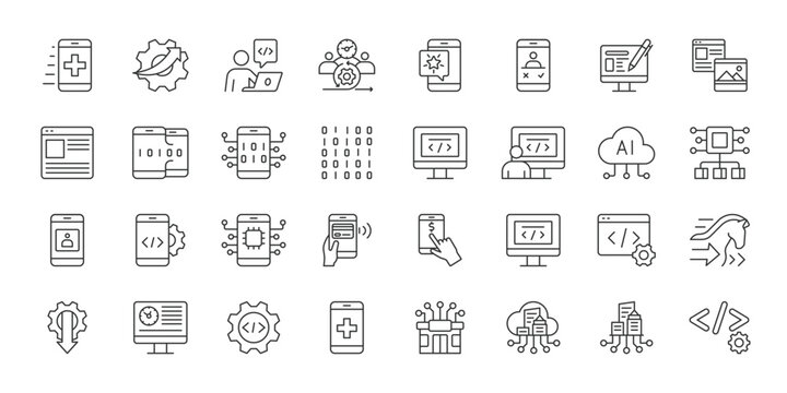 App Development icons in line design. app, development, mobile, software, coding, programming, interface on white background vector. App Development editable stroke icon