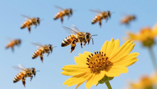 Close-up of honeybees flying toward a bright yellow wildflower against a clear blue sky