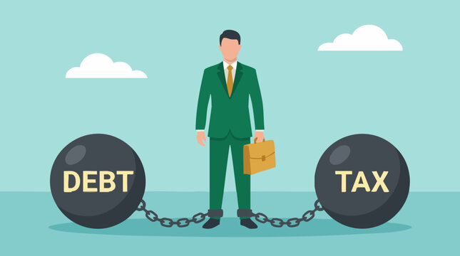 Businessman shackled by debt and tax, illustrating financial burdens and struggles