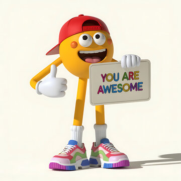 Funny emoji mascot with thumbs up holding text board &ldquo;YOU ARE AWESOME&rdquo;, premium 3D illustration style