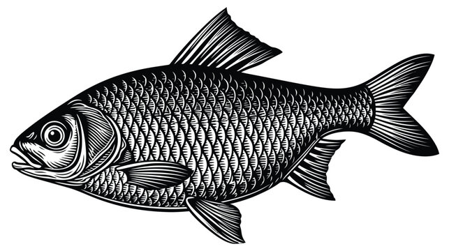 Freshwater carp fish engraving, detailed scales aquatic animal