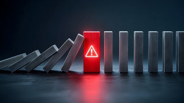 Glowing red block with warning sign stopping the falling domino effect representing risk management and crisis control