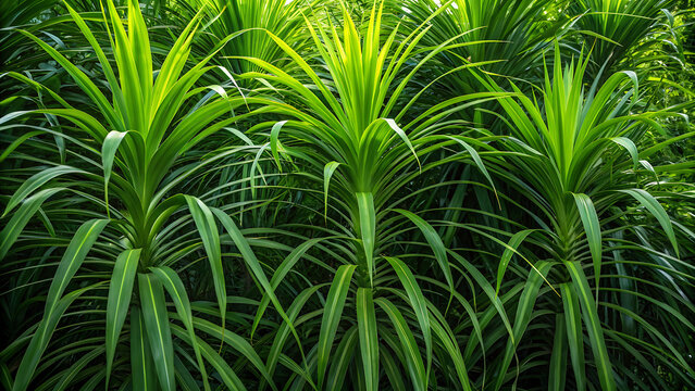 Lush green tropical leaves of a pandanus plant growing densely together in a garden, creating a vibrant natural foliage background pattern