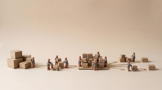 Cardboard boxes and tiny figures logistics shipping supply chain concept diorama