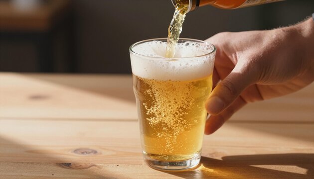 A hand pours a cold golden beer into a glass on a wooden table, creating a frothy head and visible bubbles in warm sunlight