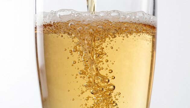 Close-up of golden beer being poured into a glass, showing bubbles, foam and effervescence