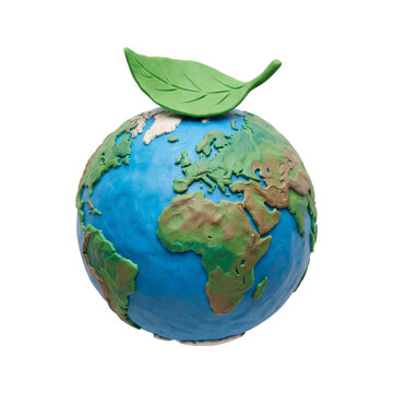 Clay earth globe with green leaf isolated on transparent background
