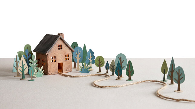 Clay miniature house with paper trees in landscape isolated on transparent