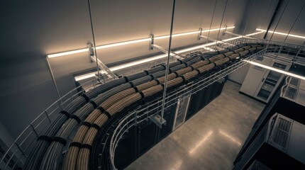 Fototapeta premium High angle data center pictures of a suspended wire mesh cable tray carrying thick neutral cable bundles above black server cabinets, warm ceiling strips, and a clean industrial network room pathway