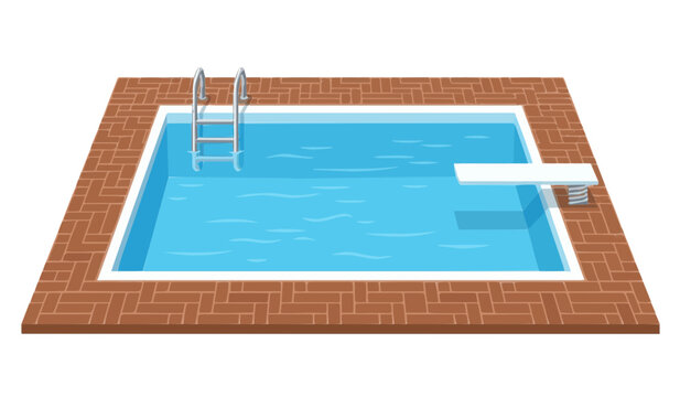 Isometric Vector Illustration of a Rectangular Backyard Swimming Pool with Ladder Diving Board and Brick Paver Deck