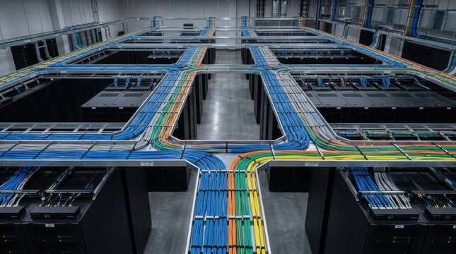 Wide overhead data center pictures showing color coded cable trays crossing server rows, structured fiber routes, black cabinets, clean floor lanes, and scalable network backbone in a new data hall