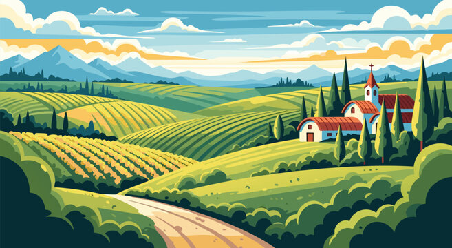 Scenic Italian countryside vector illustration of rolling vineyards and Tuscan farmhouses under a warm sunset sky