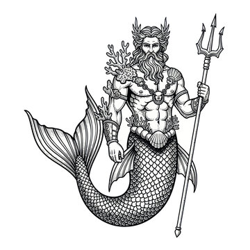 Mythical Merman King with Trident and Coral - Black and White Illustration