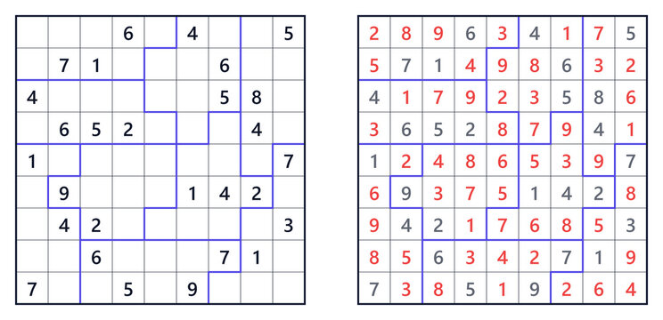 Sudoku Jigsaw Hard puzzles with filled numbers and highlighted sections  