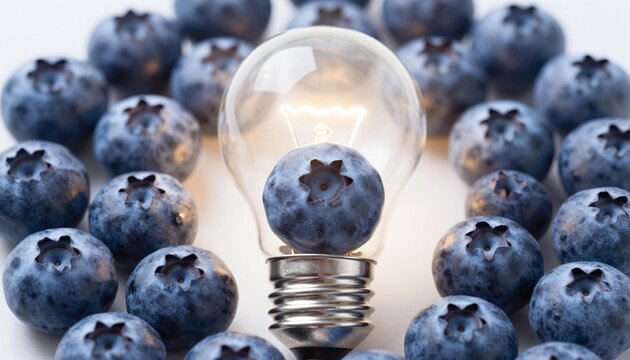 Close-up of blueberries arranged around a glowing light bulb, with one blueberry inside the glass, symbolizing fresh ideas and healthy inspiration