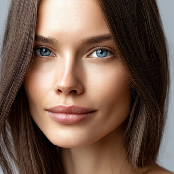 Young woman blue eye long brown hair oval face smooth skin natural makeup beauty portrait