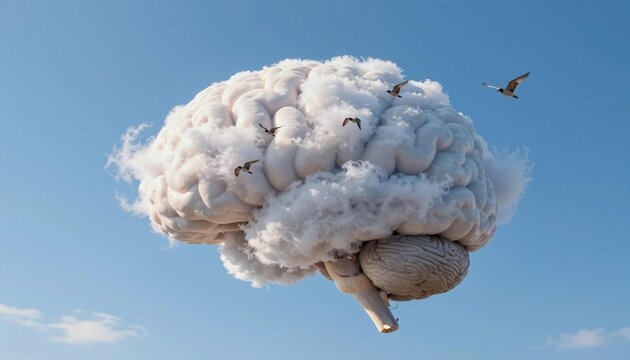 Surreal floating brain formed from clouds with birds flying around against a clear blue sky