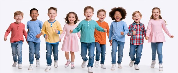 Fototapeta premium Energetic diverse kids playing and laughing together in a bright, cheerful studio setting promoting active lifestyle.