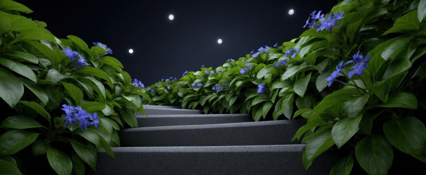 Spiral biru muda radiates calm with vibrant LED lights and lush climbing plants.