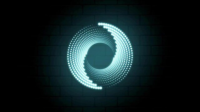 Swirling vortex made of glowing white dots rotating on a dark brick wall background.