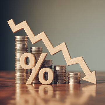 Percentage Symbol With Falling Arrow And Coin Stacks Representing Economic Decline And Financial Loss