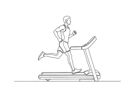 Continuous line drawing of a man running on a treadmill for fitness and cardio exercise