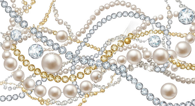 Intertwined strands of white pearls, gold beads, and sparkling diamond gemstones on a solid black background