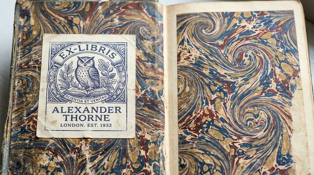 Open book displaying a marbled endpaper with a library stamp and author information.