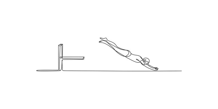 A person diving into water with a diving board on a white background in a continuous line drawing