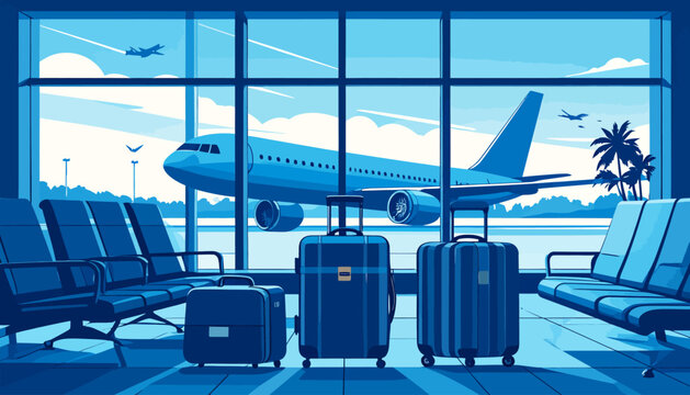 Modern airport terminal illustration depicting a blue passenger plane on the tarmac, with luggage and empty seats, symbolizing exciting travel anticipation