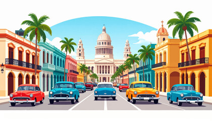 Obraz premium A lively street in a historic tropical capital, showcasing classic vintage cars, vibrant colonial buildings, and a majestic central landmark under a bright, clear sky