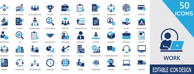work icon set. business, employment, task, recruitment, meeting, teamwork, career, corporate, productivity, management. editable solid vector pack. © Nagma