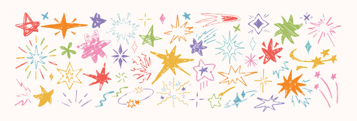 Hand drawn colorful crayon star shapes, holiday firework. Vector doodle celebration explosion, sparks, childish chalk pencil design elements. Shooting comets, sketch sparkle icons in grunge texture © redgreystock