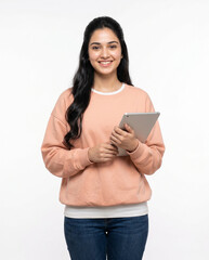 Naklejka premium young indian college student girl holding tablet in modern campus outfit for education technology startup and gen z lifestyle concept