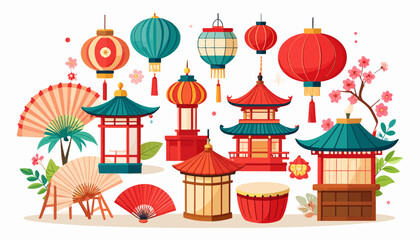 Fototapeta premium A vibrant collection of traditional Asian lanterns, decorative fans, and cultural symbols evoking festive celebrations and Eastern aesthetics