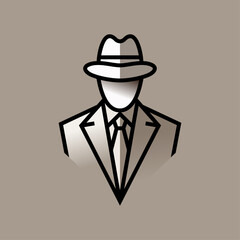 Logo moda de caballero. Dibujo minimalista con líneas de un hombre con sombrero, traje, camisa y corbata, visto de frente con fondo gris  © teracreonte