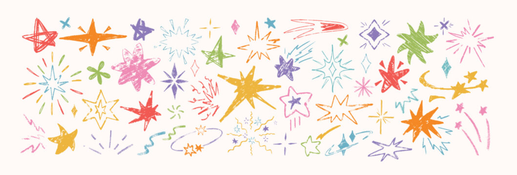 Hand drawn colorful crayon star shapes, holiday firework. Vector doodle celebration explosion, sparks, childish chalk pencil design elements. Shooting comets, sketch sparkle icons in grunge texture