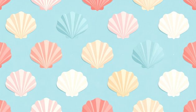 Pastel Scallop Seashell Pattern Arranged on Light Blue Background