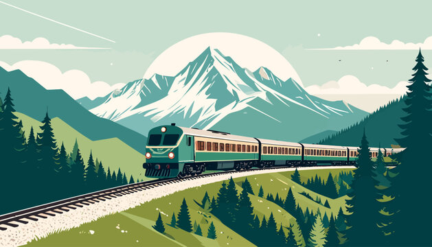 Scenic train journey through a majestic mountain landscape with evergreen forests and a clear sky